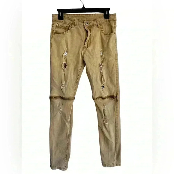 Men’s Tan Distressed Zippered Knees Skinny Slouch Qazel Verrnlon Jeans W32/38L - Picture 1 of 8